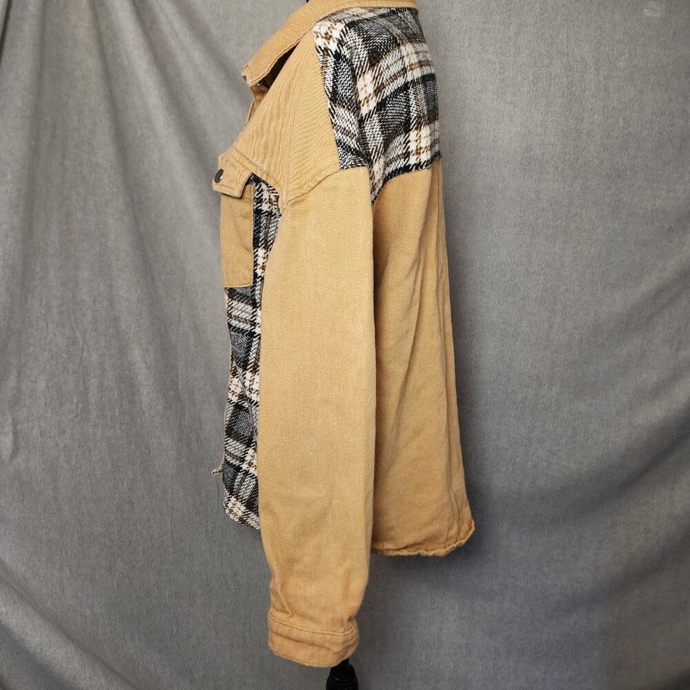 Western Shacket Women's L Tan Button Down, 100% Cotton Tweed Plaid Cowgirl - Picture 3 of 6